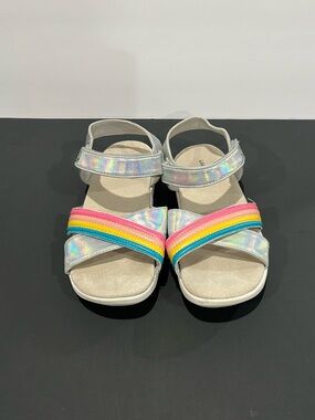 Lands End Silver Holographic Cushioned Comfort Rainbow Stripe Strapped Sandals